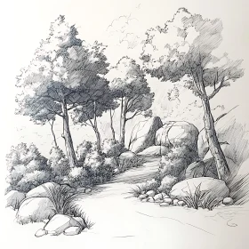 Intricate Forest Sketch with Winding Path