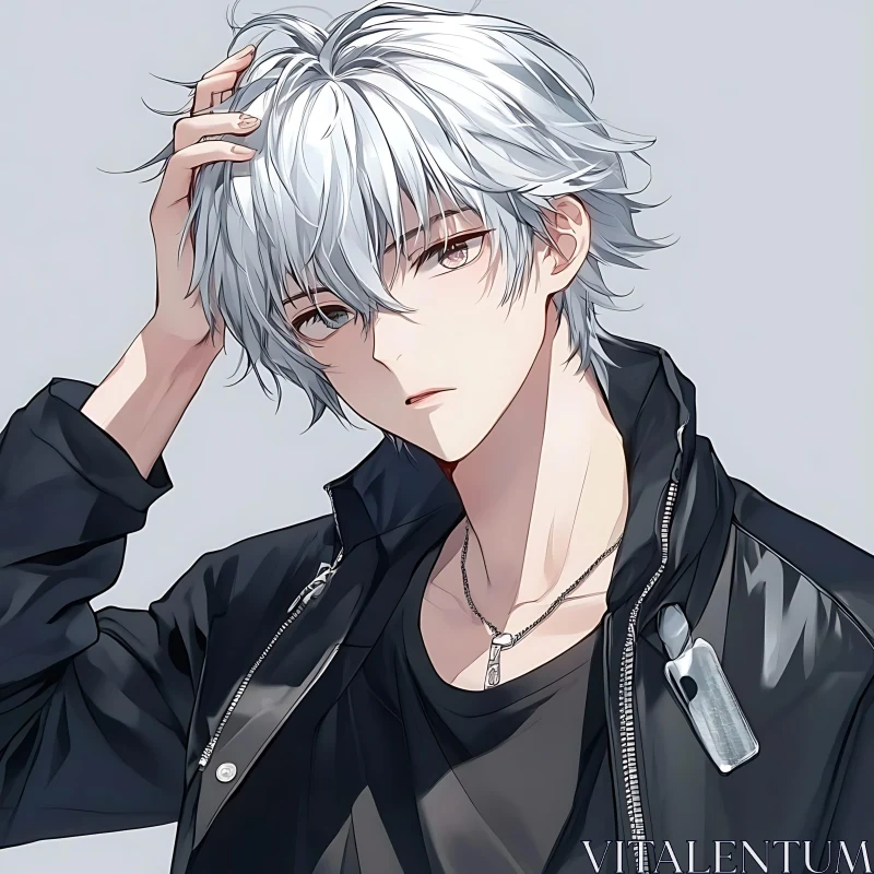 White-Haired Anime Character in Casual Fashion AI Image