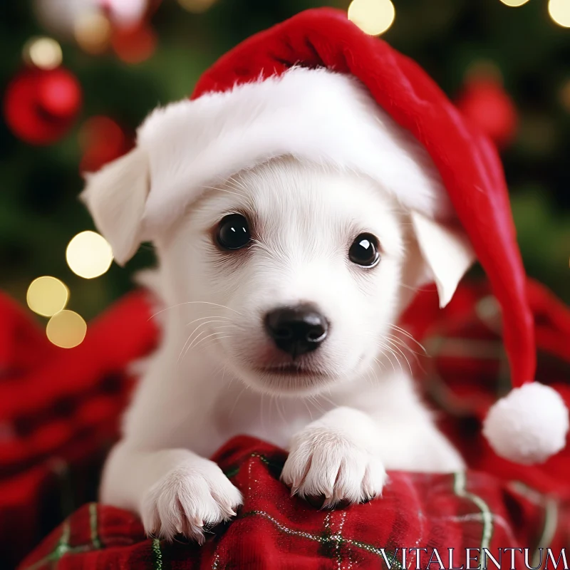 Festive Puppy in Red Santa Hat AI Image