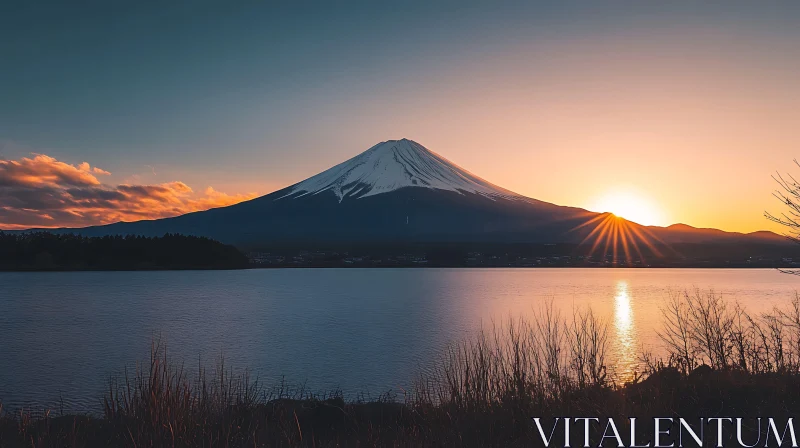 AI ART Snow-Capped Mountain at Sunset Lake Reflection