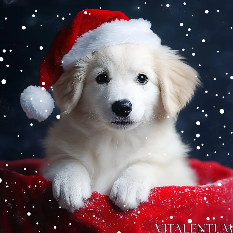 Festive Puppy in Santa Hat with Snowflakes AI Image