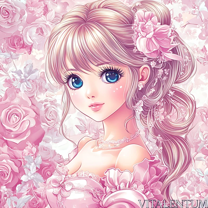 Anime Girl with Blue Eyes and Flowers AI Image