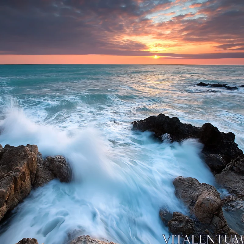 Coastal Sunset with Crashing Waves AI Image