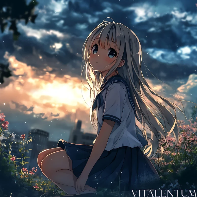 Anime Artwork with Girl in Sunset Scene AI Image