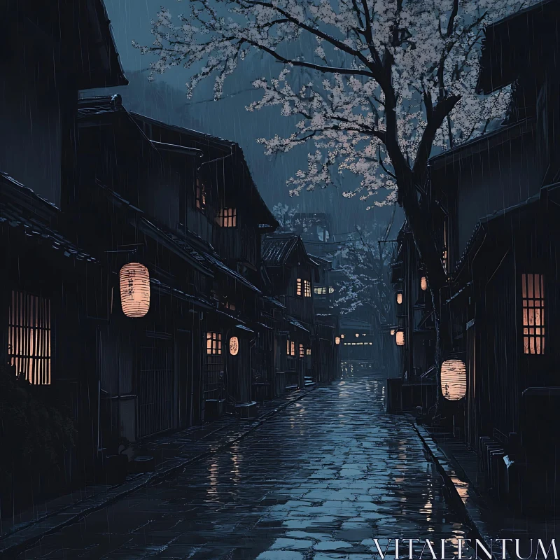 Traditional Village Street Illuminated by Lanterns at Night AI Image