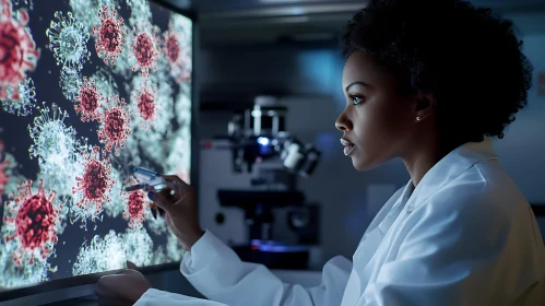 Scientist Analyzing Virus Cells on Screen