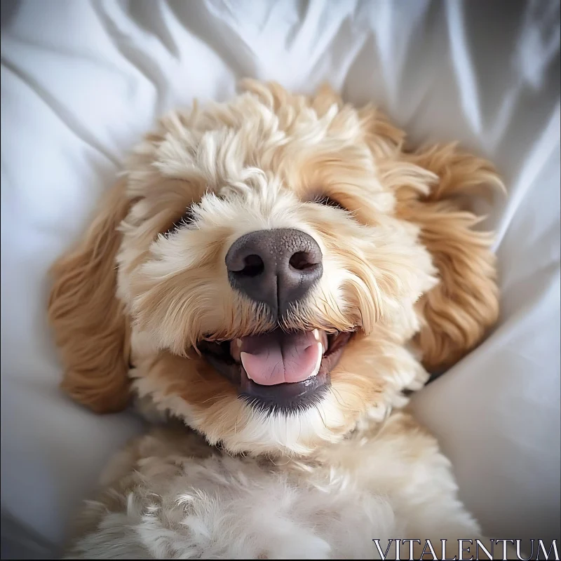 Happy Fluffy Dog Lying on Blanket AI Image