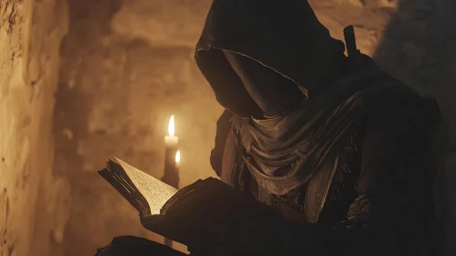 Hooded Figure Reading in Shadows