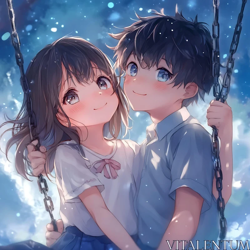 Adorable Anime Kids on a Swing AI Image