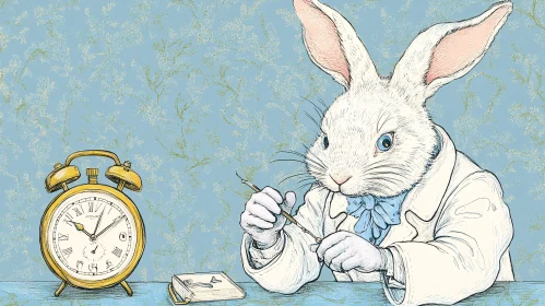 Whimsical Rabbit with Clock Illustration