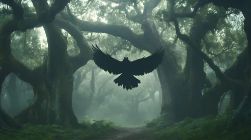 Crow Flying in a Misty Ancient Forest