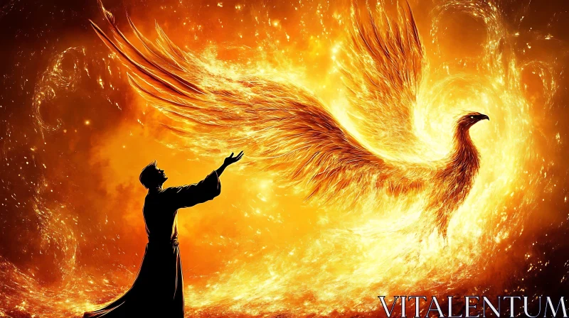 Man and Phoenix in Fiery Embrace AI Image