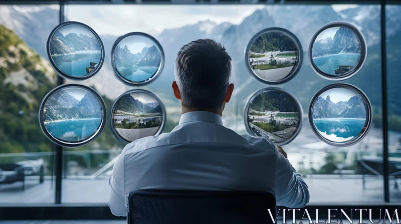 Man Admiring Mountain Views Through Portals AI Image