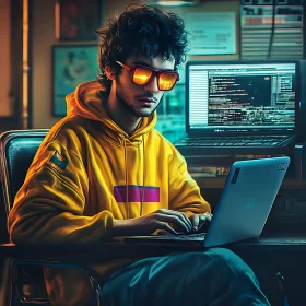 Programmer at Work with Dual Laptops