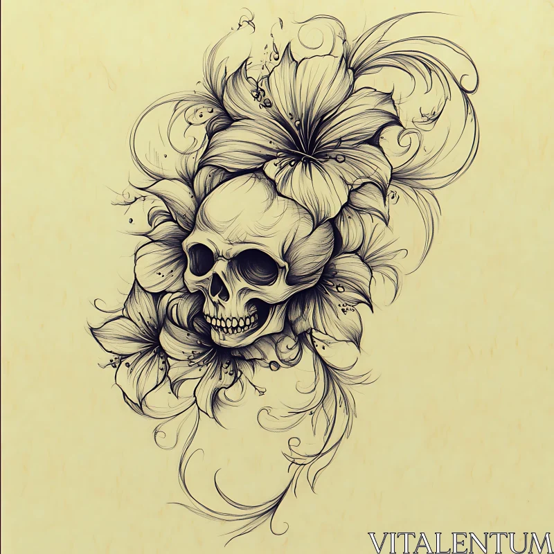 Floral Skull Tattoo Design AI Image