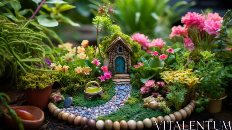 Enchanting Fairy Garden with Tiny Houses and Colorful Arrangements AI Image