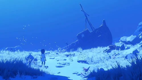 Monochromatic Blue Shipwreck Scene