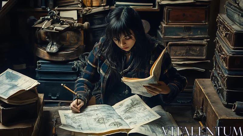 AI ART Woman Studying Old Maps in a Room