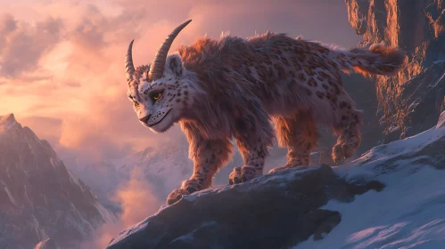 Snow Leopard with Horns in Mountain Landscape