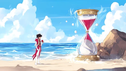 Anime Beach Scene with Hourglass