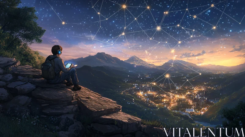 AI ART Man Contemplates City Lights Under Starry Sky