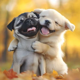 Joyful Puppies Hugging Amidst Autumn Leaves