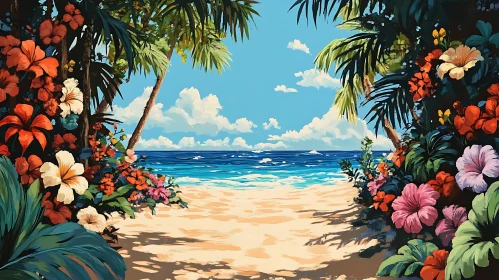 Paradise Beach with Colorful Flowers Painting