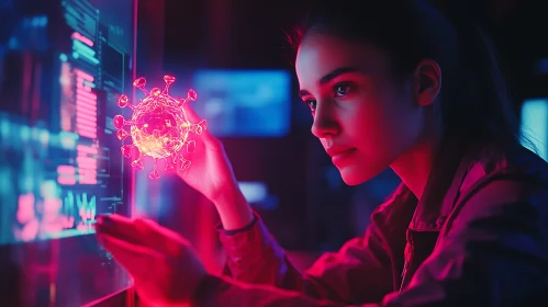 Woman Analyzing Glowing Virus Model