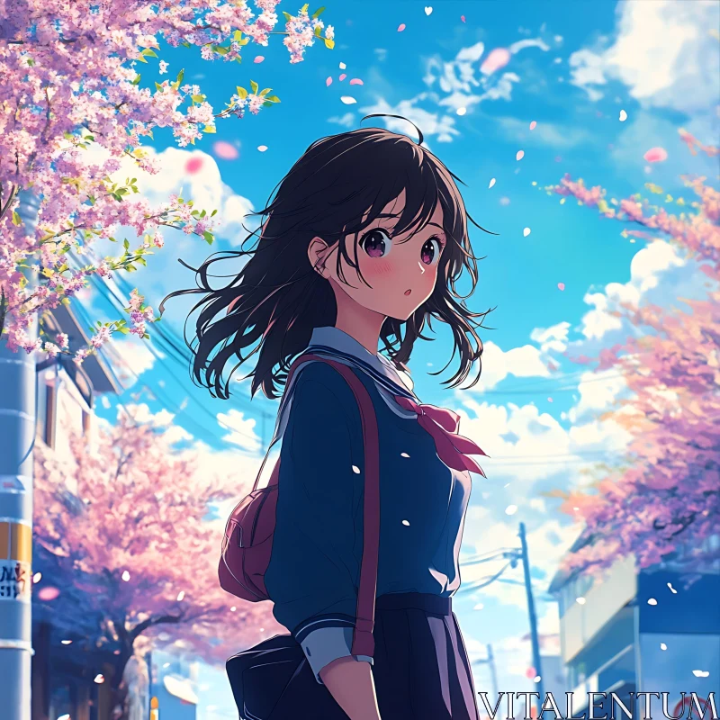 Anime Character amidst Blooming Cherry Blossoms AI Image