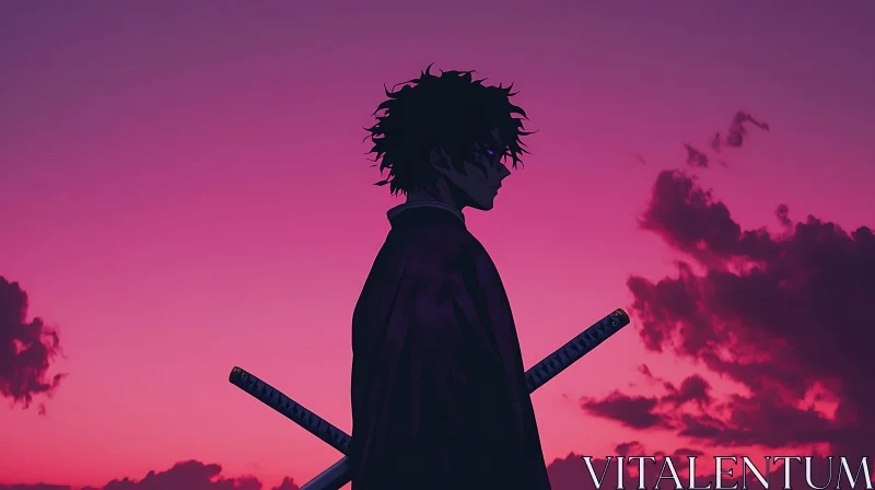 Samurai Silhouette against a Vivid Sunset AI Image