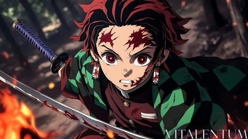 Anime Character with Sword in Forest Ablaze AI Image