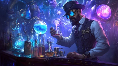 Man in Steampunk Lab Mixing Potion