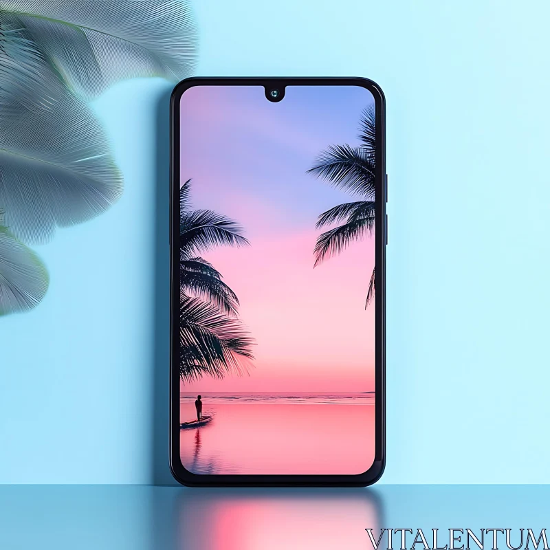 AI ART Modern Smartphone with Tropical Sunset Background