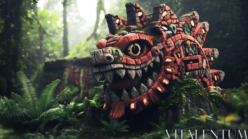 Stone Dragon Head in Green Forest AI Image