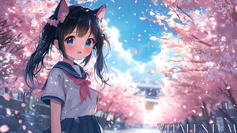 Cherry Blossom Anime Schoolgirl AI Image