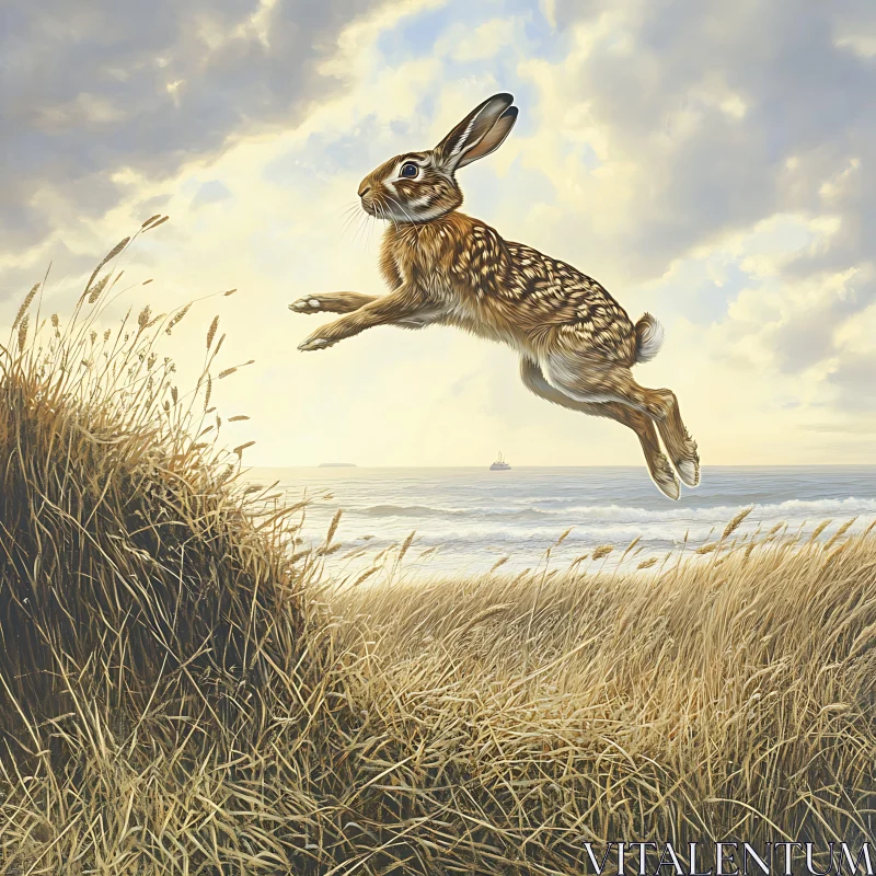 Hare Leaping Over Coastal Grasses AI Image