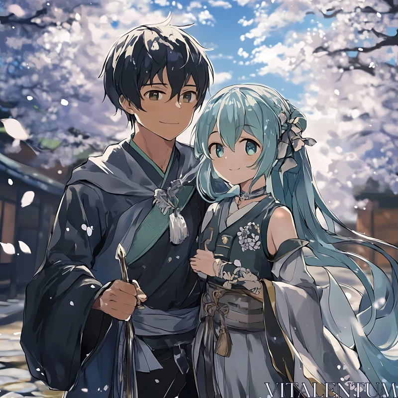 Traditional Anime Couple Under Cherry Blossoms AI Image