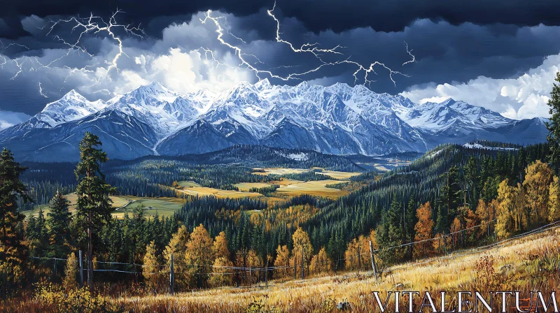 AI ART Snowy Peaks and Lightning Display