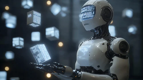 Futuristic Cyborg Contemplating Data Cubes