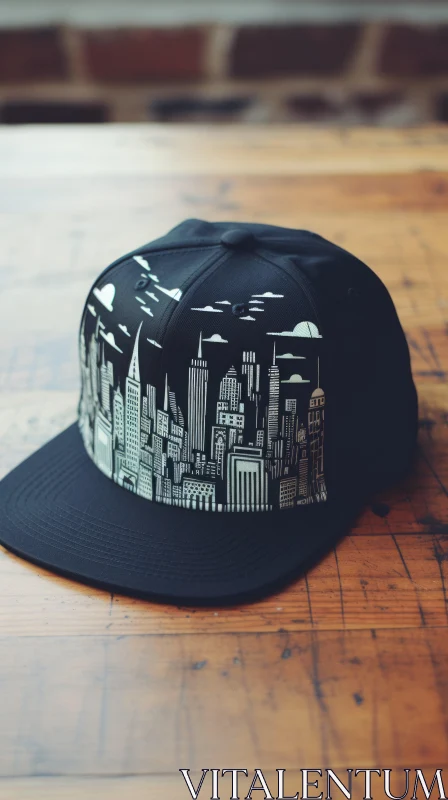 Black Snapback Cap with Cityscape Graphic | Bold Line and Painted Illustrations AI Image
