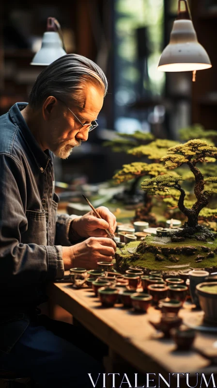 Bonsai Enthusiast at Work: Capturing the Art of Miniatures AI Image
