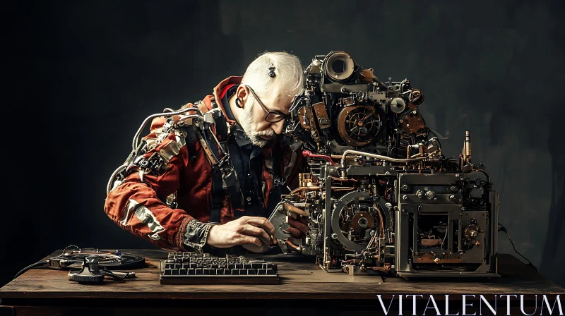 Man Repairing Steampunk Device AI Image