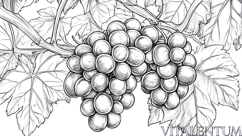 Monochrome Grape and Leaf Illustration AI Image