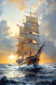 Sailing Ship in Golden Sunset