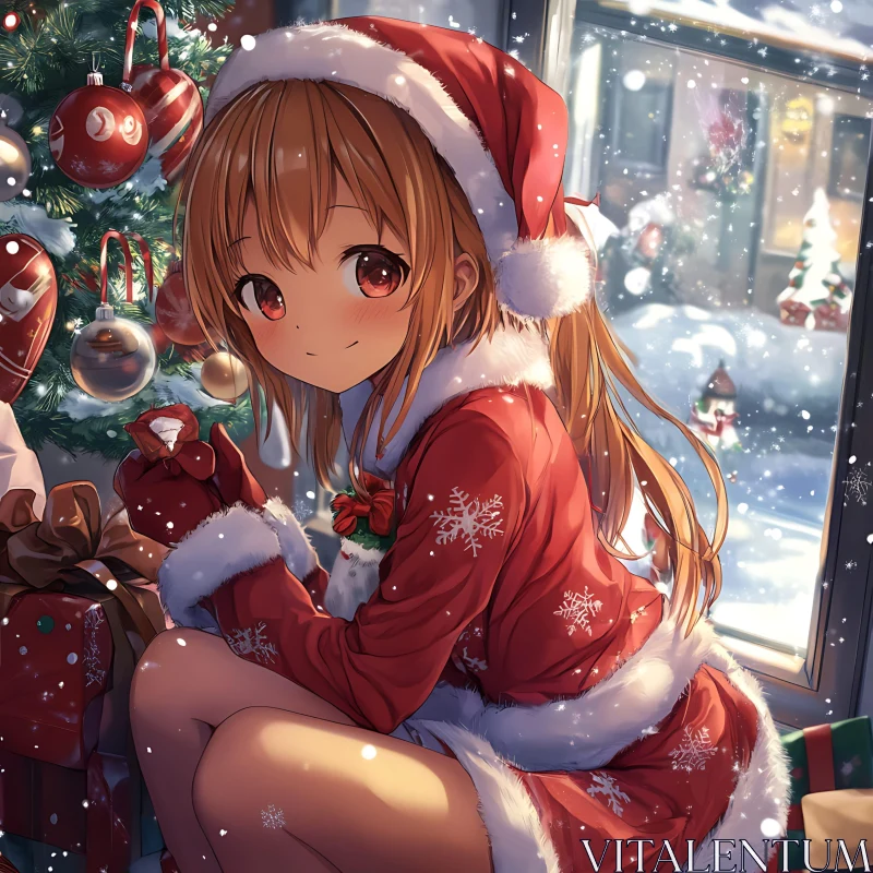 Anime Girl Celebrating Christmas in Santa Outfit AI Image