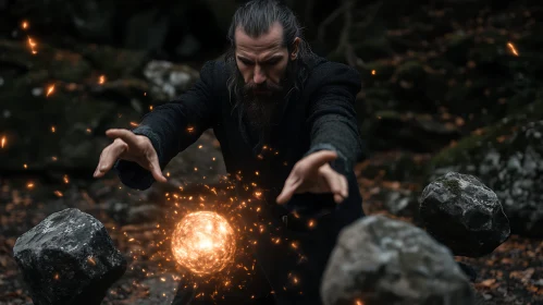 Wizard Casting Spell with Floating Rocks