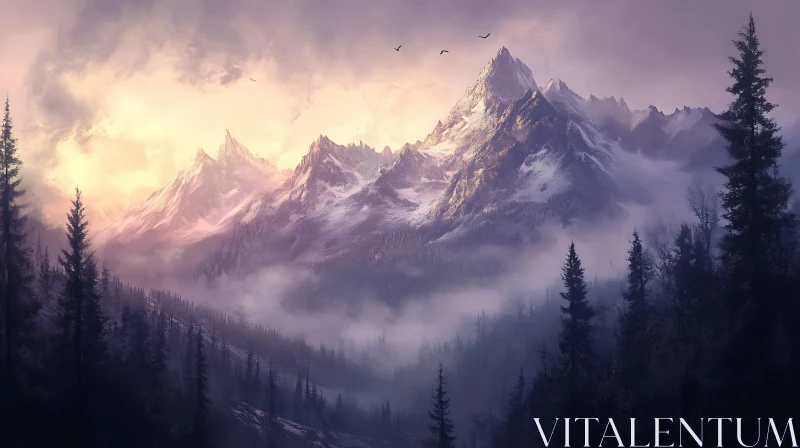 Snowy Peaks and Forest Vista AI Image