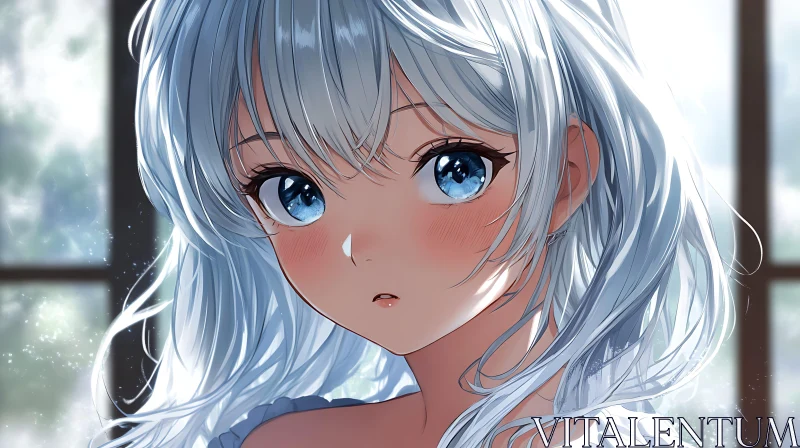 Silver-Haired Anime Girl with Blue Eyes AI Image