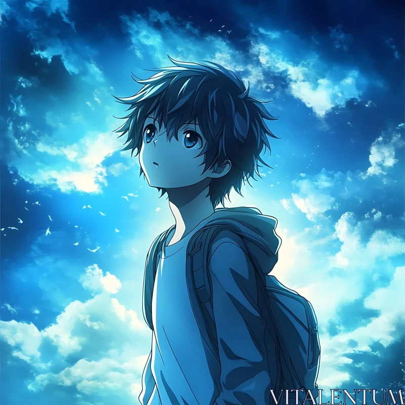 Curious Anime Boy in Blue Sky AI Image