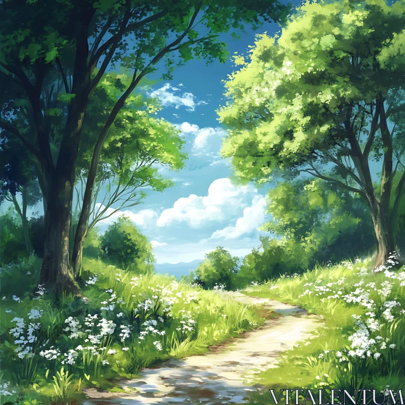 AI ART Tranquil Forest Scene with Wildflowers